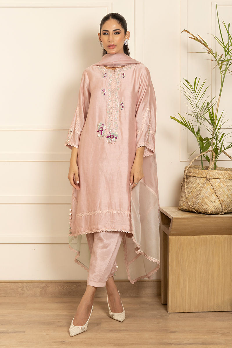 Pakistani Blush Pink Embroidered Kora Cotton Silk Salwar Kameez (3-Piece) - Image 1