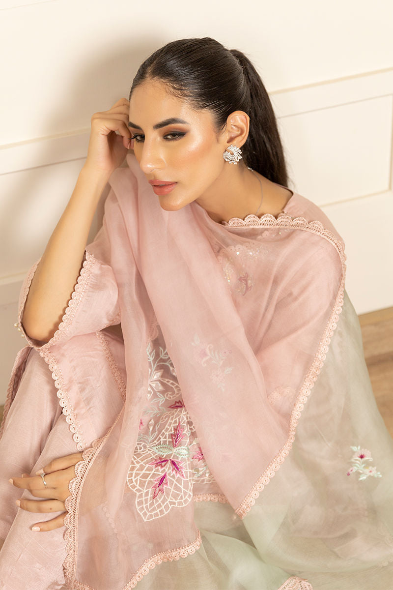 Pakistani Blush Pink Embroidered Kora Cotton Silk Salwar Kameez (3-Piece) - Image 2