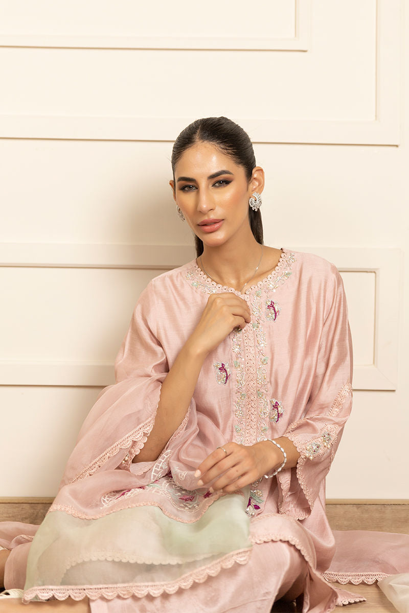 Pakistani Blush Pink Embroidered Kora Cotton Silk Salwar Kameez (3-Piece) - Image 3