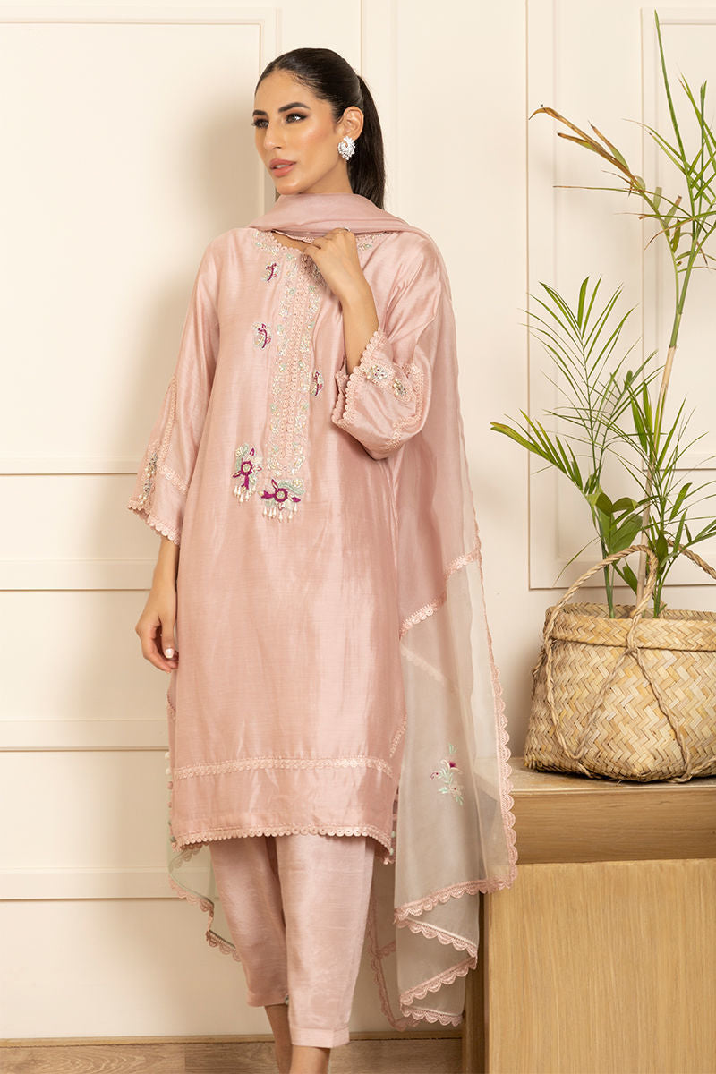 Pakistani Blush Pink Embroidered Kora Cotton Silk Salwar Kameez (3-Piece) - Image 4