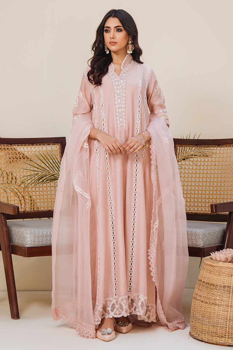 Pakistani Blush Pink Embroidered Kora Cotton Long Shirt (2-Piece) - Image 1