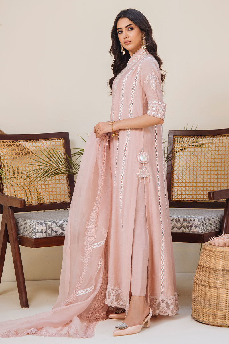 Pakistani Blush Pink Embroidered Kora Cotton Long Shirt (2-Piece) - Image 2
