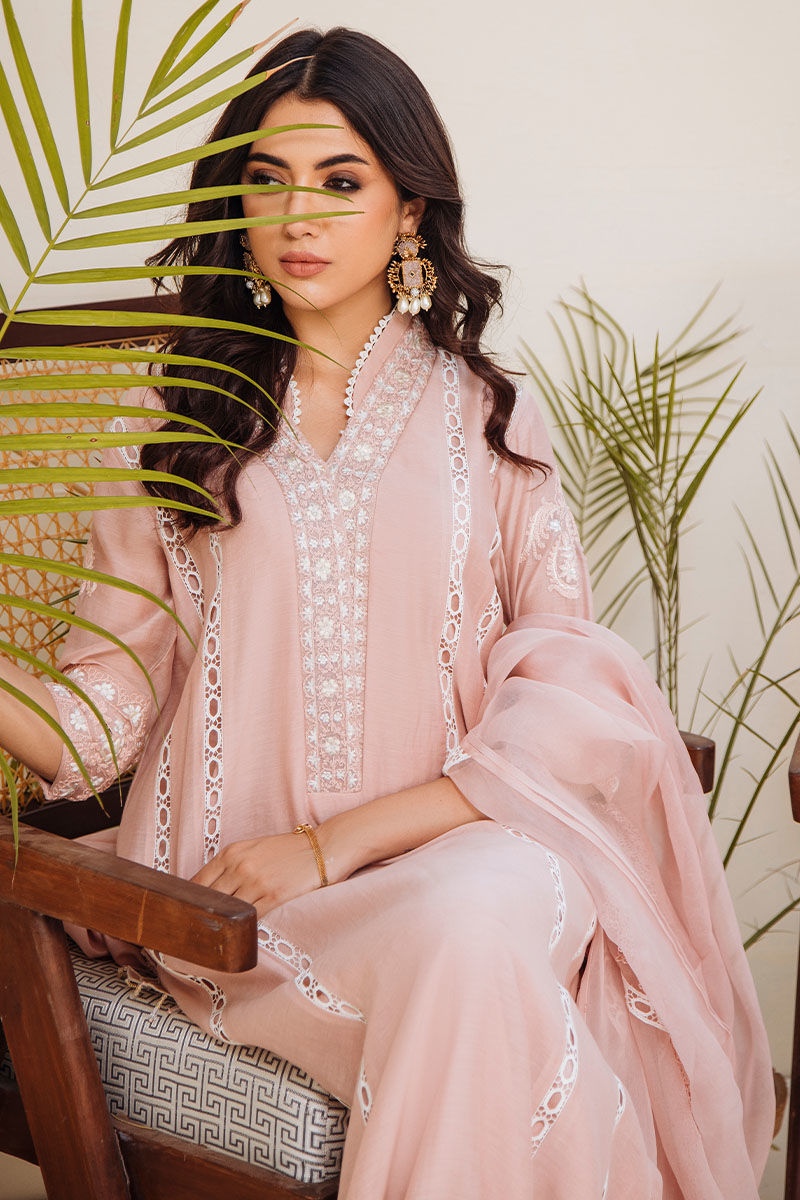 Pakistani Blush Pink Embroidered Kora Cotton Long Shirt (2-Piece) - Image 3