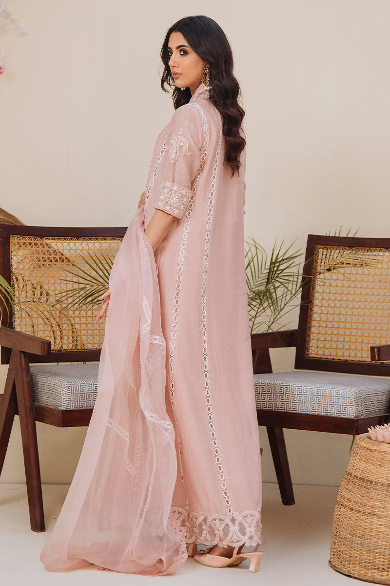 Pakistani Blush Pink Embroidered Kora Cotton Long Shirt (2-Piece) - Image 4