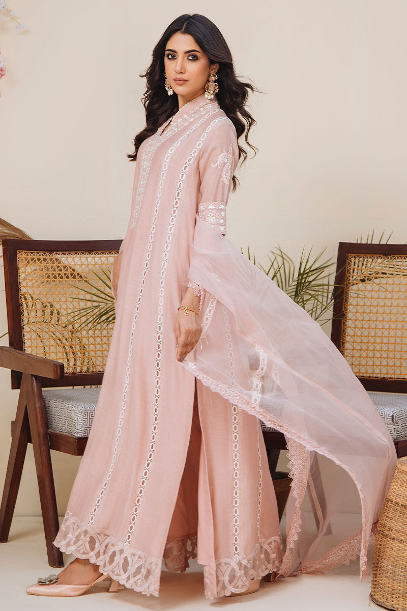Pakistani Blush Pink Embroidered Kora Cotton Long Shirt (2-Piece) - Image 5