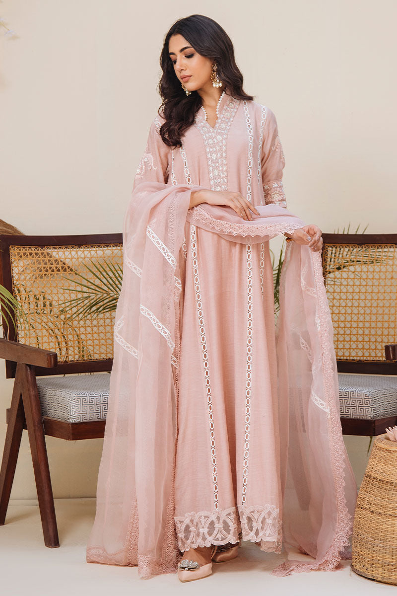 Pakistani Blush Pink Embroidered Kora Cotton Long Shirt (2-Piece) - Image 7