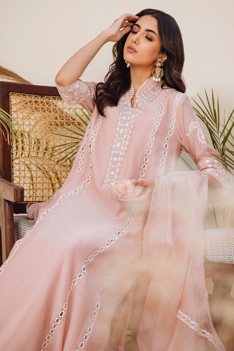 Pakistani Blush Pink Embroidered Kora Cotton Long Shirt (2-Piece) - Image 8