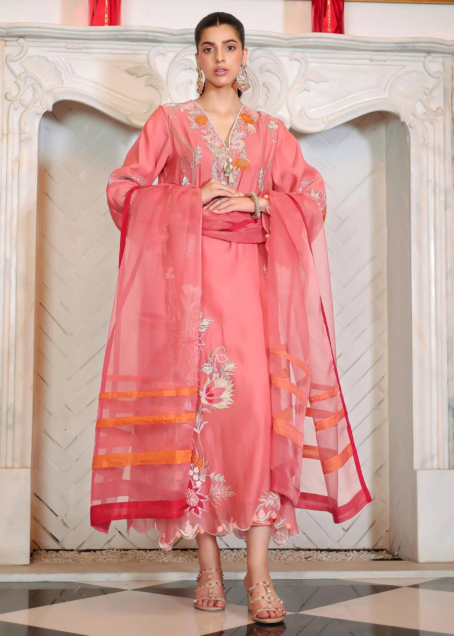 Carrot Pink Embroidered Kora Cotton Salwar Kameez (3-Piece) - Image 1