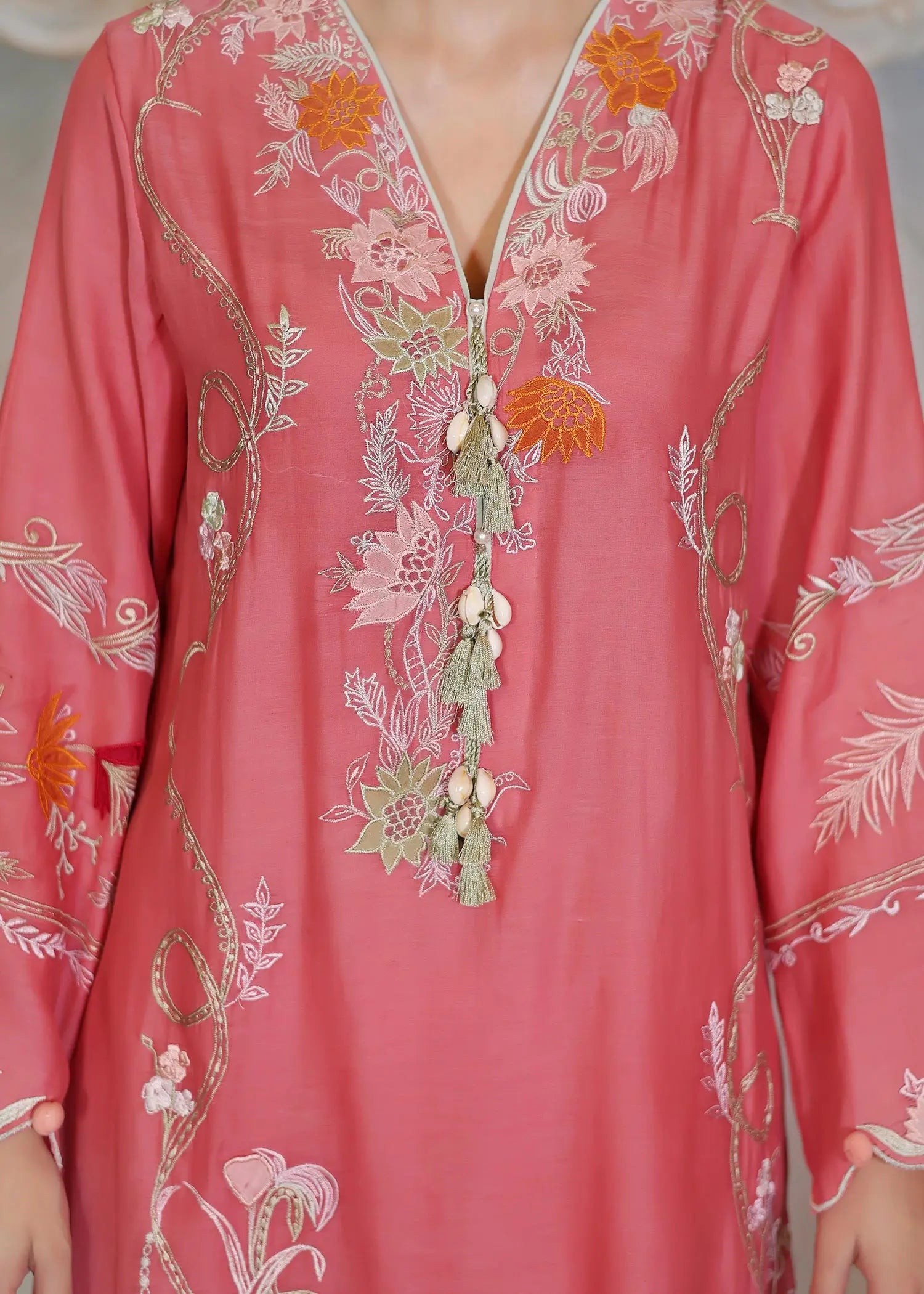 Carrot Pink Embroidered Kora Cotton Salwar Kameez (3-Piece) - Image 2
