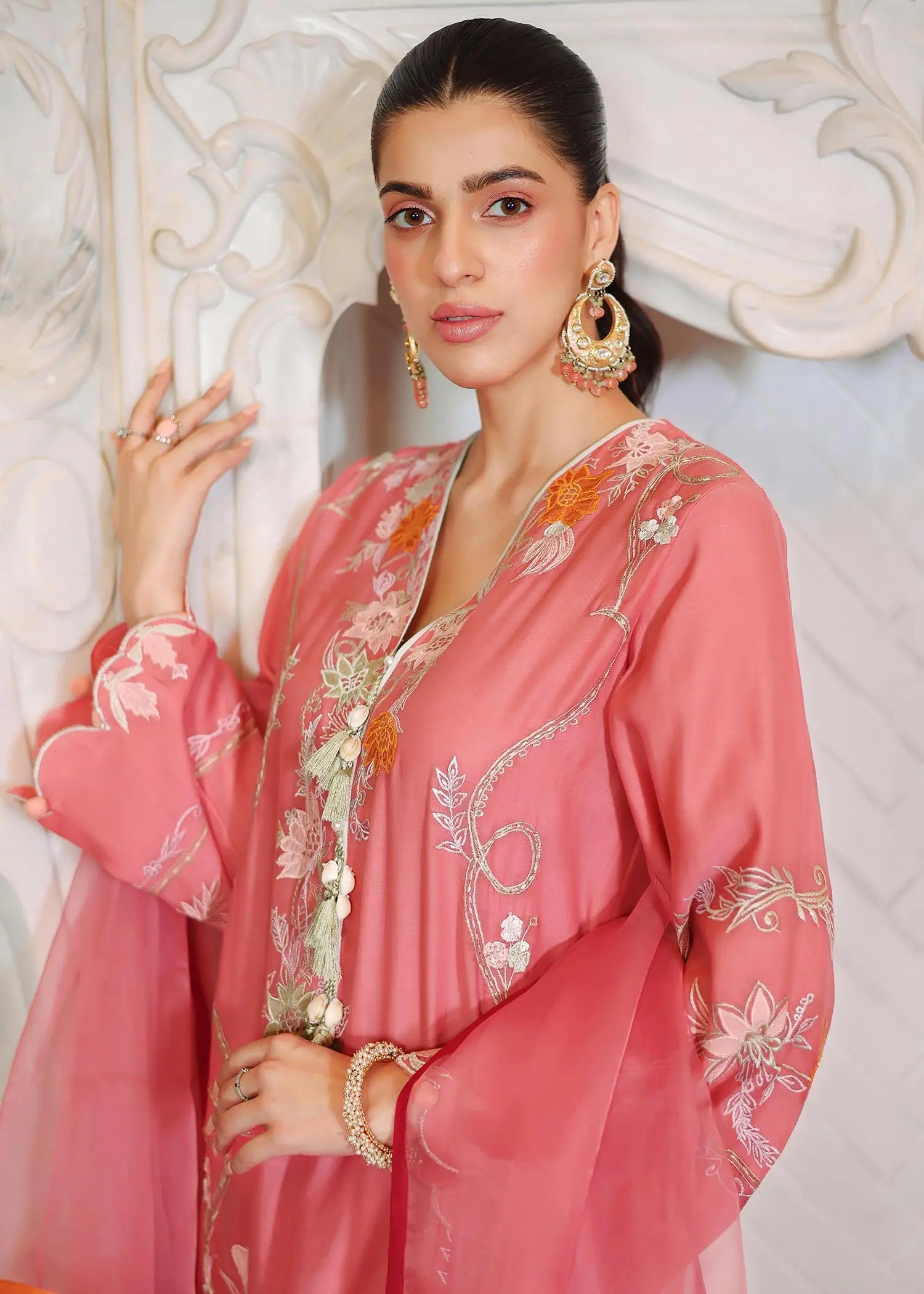 Carrot Pink Embroidered Kora Cotton Salwar Kameez (3-Piece) - Image 3