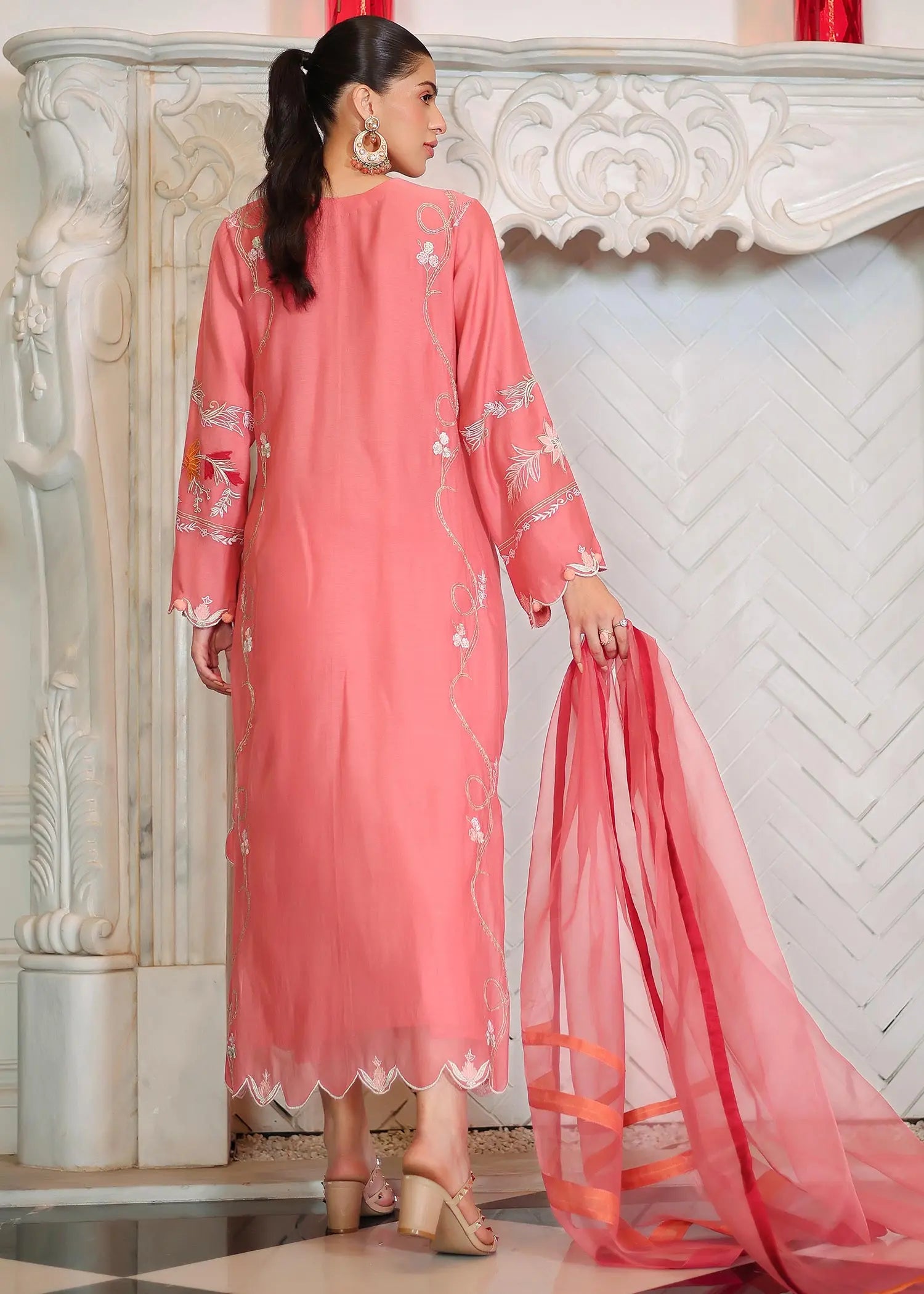 Carrot Pink Embroidered Kora Cotton Salwar Kameez (3-Piece) - Image 4