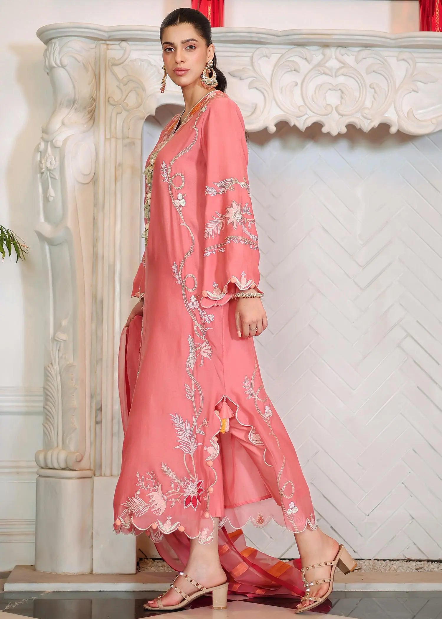 Carrot Pink Embroidered Kora Cotton Salwar Kameez (3-Piece) - Image 5