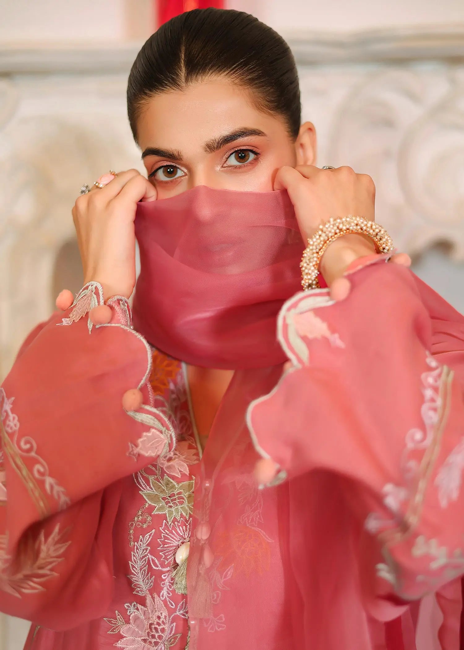 Carrot Pink Embroidered Kora Cotton Salwar Kameez (3-Piece) - Image 6