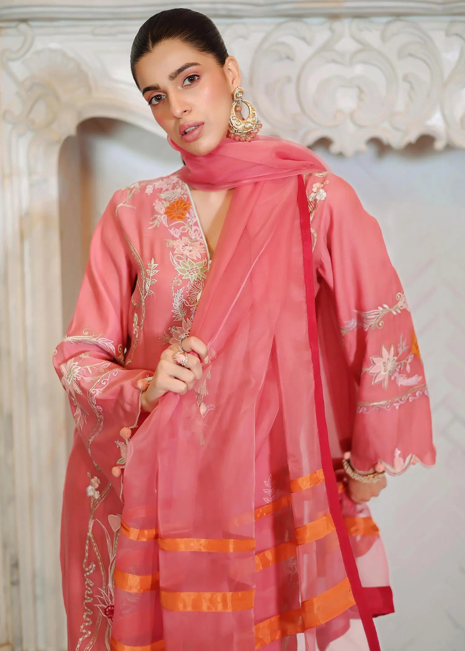Carrot Pink Embroidered Kora Cotton Salwar Kameez (3-Piece) - Image 7