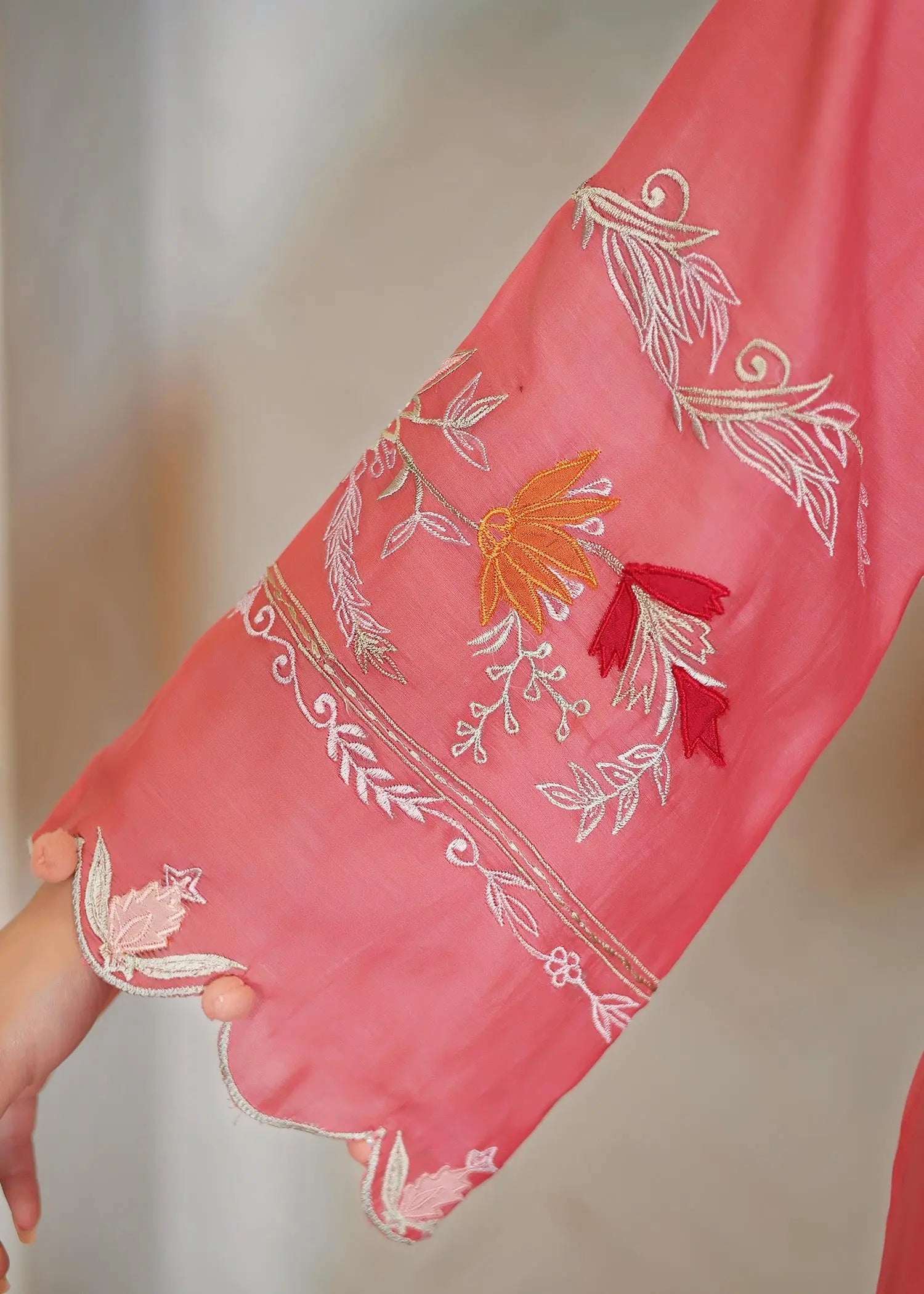 Carrot Pink Embroidered Kora Cotton Salwar Kameez (3-Piece) - Image 9