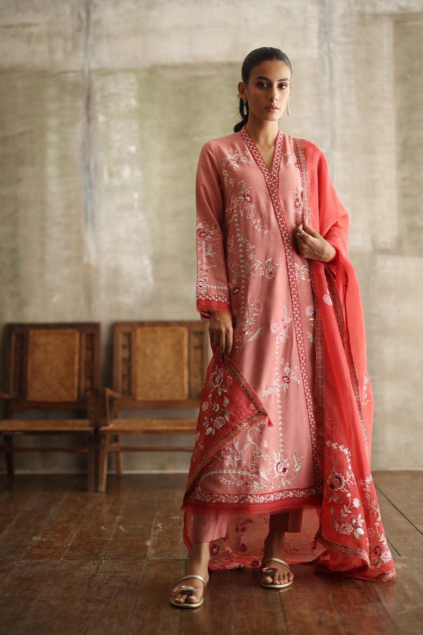 Tea Pink Embroidered Pure Kora Slub Chogha (3-Piece) - Image 1