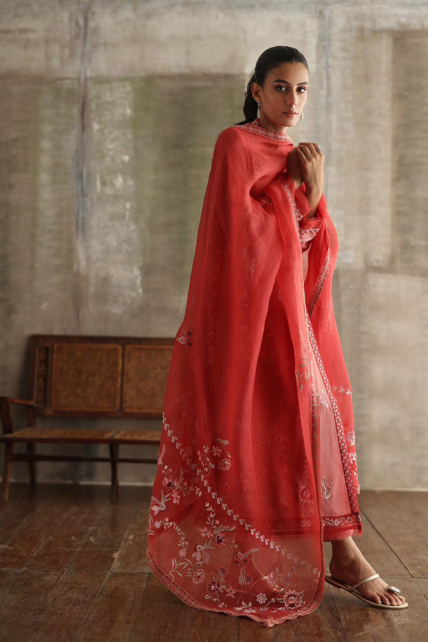 Tea Pink Embroidered Pure Kora Slub Chogha (3-Piece) - Image 3