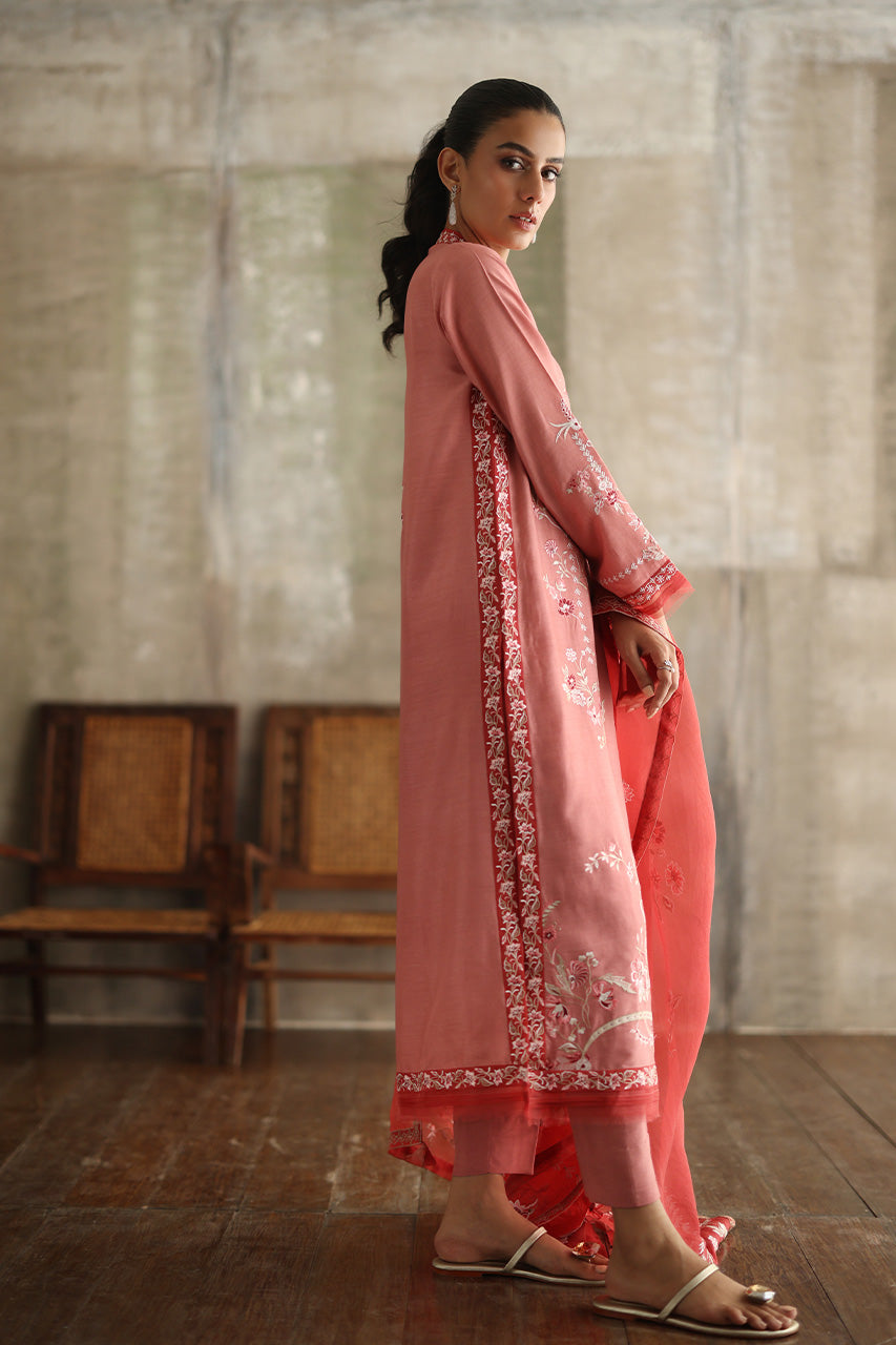 Tea Pink Embroidered Pure Kora Slub Chogha (3-Piece) - Image 4