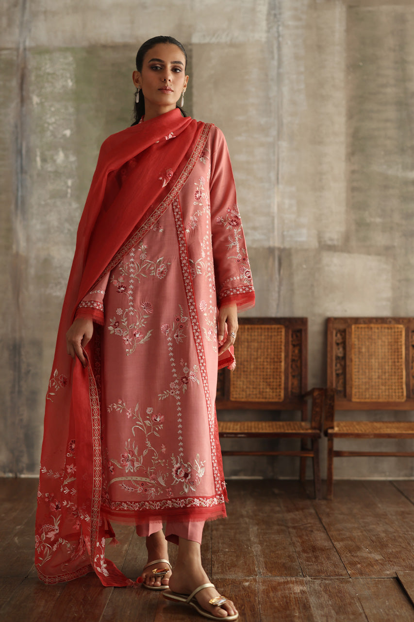 Tea Pink Embroidered Pure Kora Slub Chogha (3-Piece) - Image 5