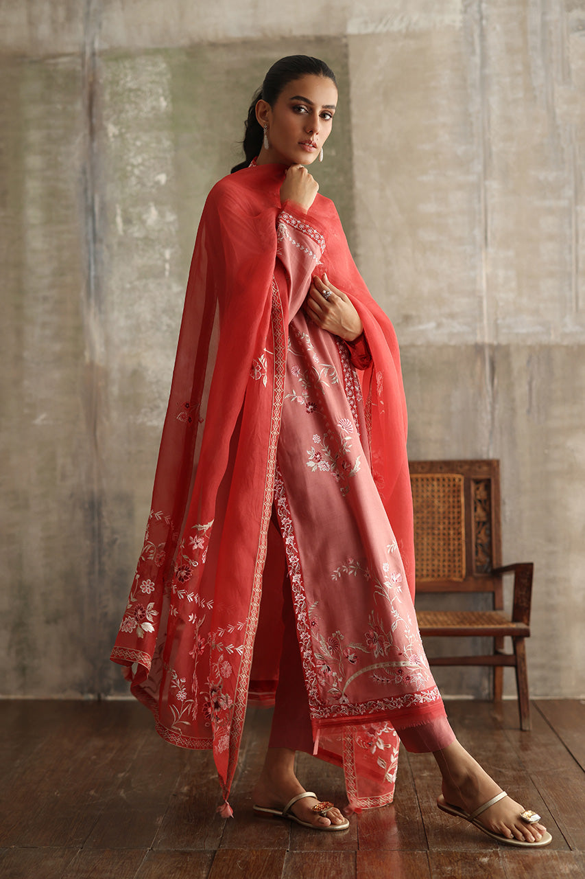 Tea Pink Embroidered Pure Kora Slub Chogha (3-Piece) - Image 6