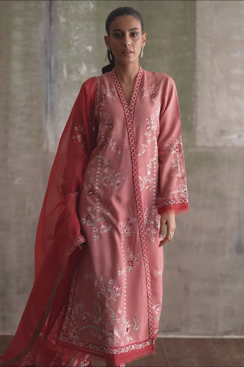 Tea Pink Embroidered Pure Kora Slub Chogha (3-Piece) - Image 7