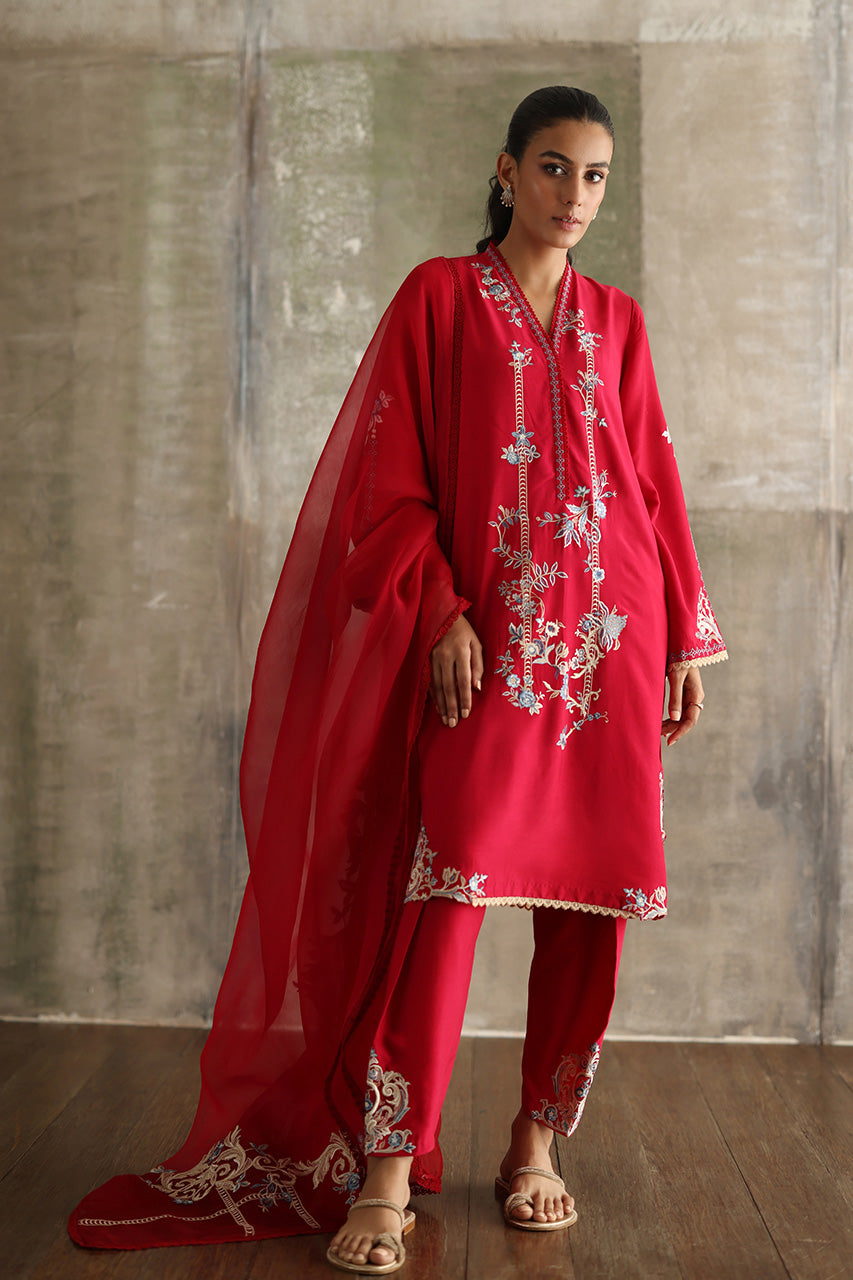 Hot Pink Embroidered Pure Kora Slub Kurta Set (3-Piece) - Image 1