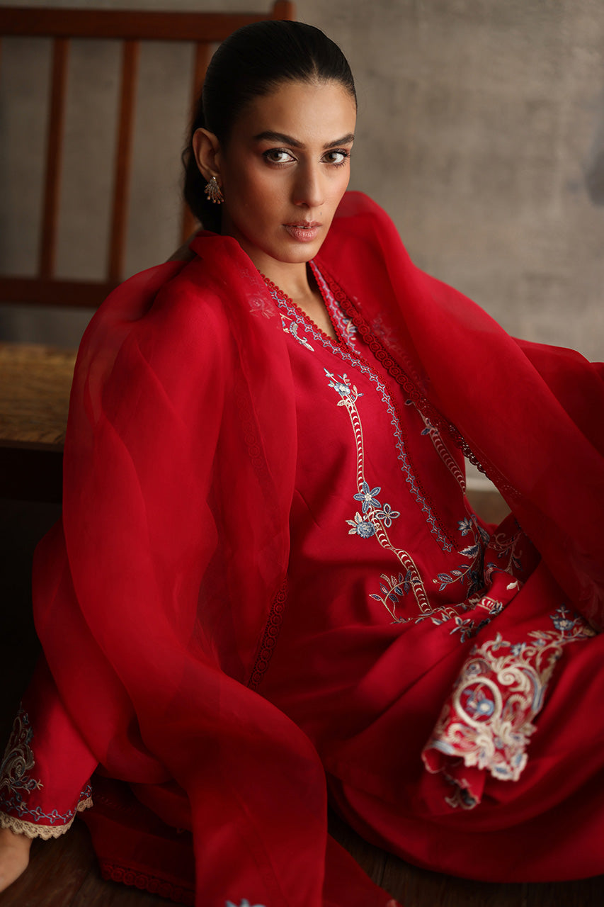 Hot Pink Embroidered Pure Kora Slub Kurta Set (3-Piece) - Image 2