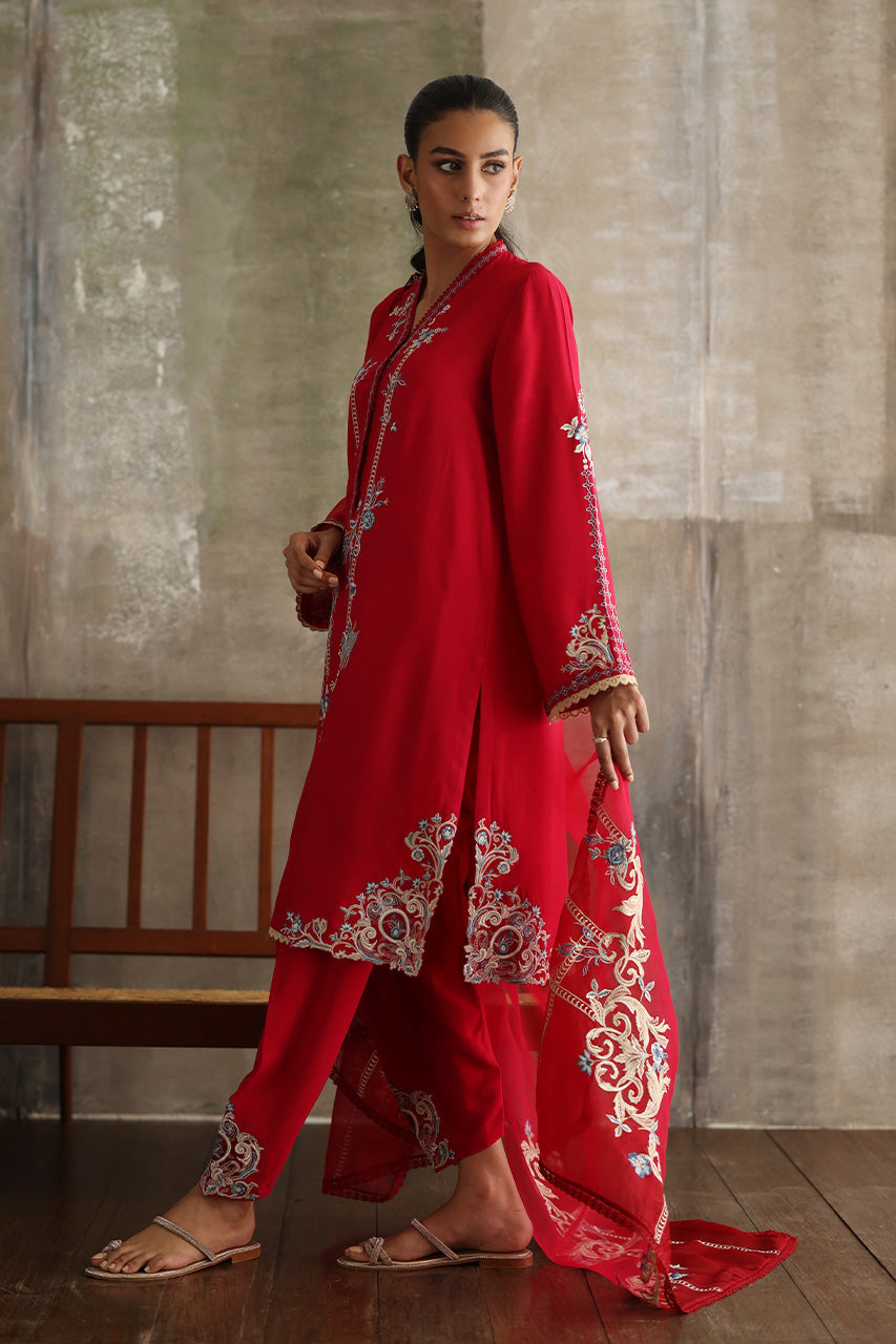 Hot Pink Embroidered Pure Kora Slub Kurta Set (3-Piece) - Image 3
