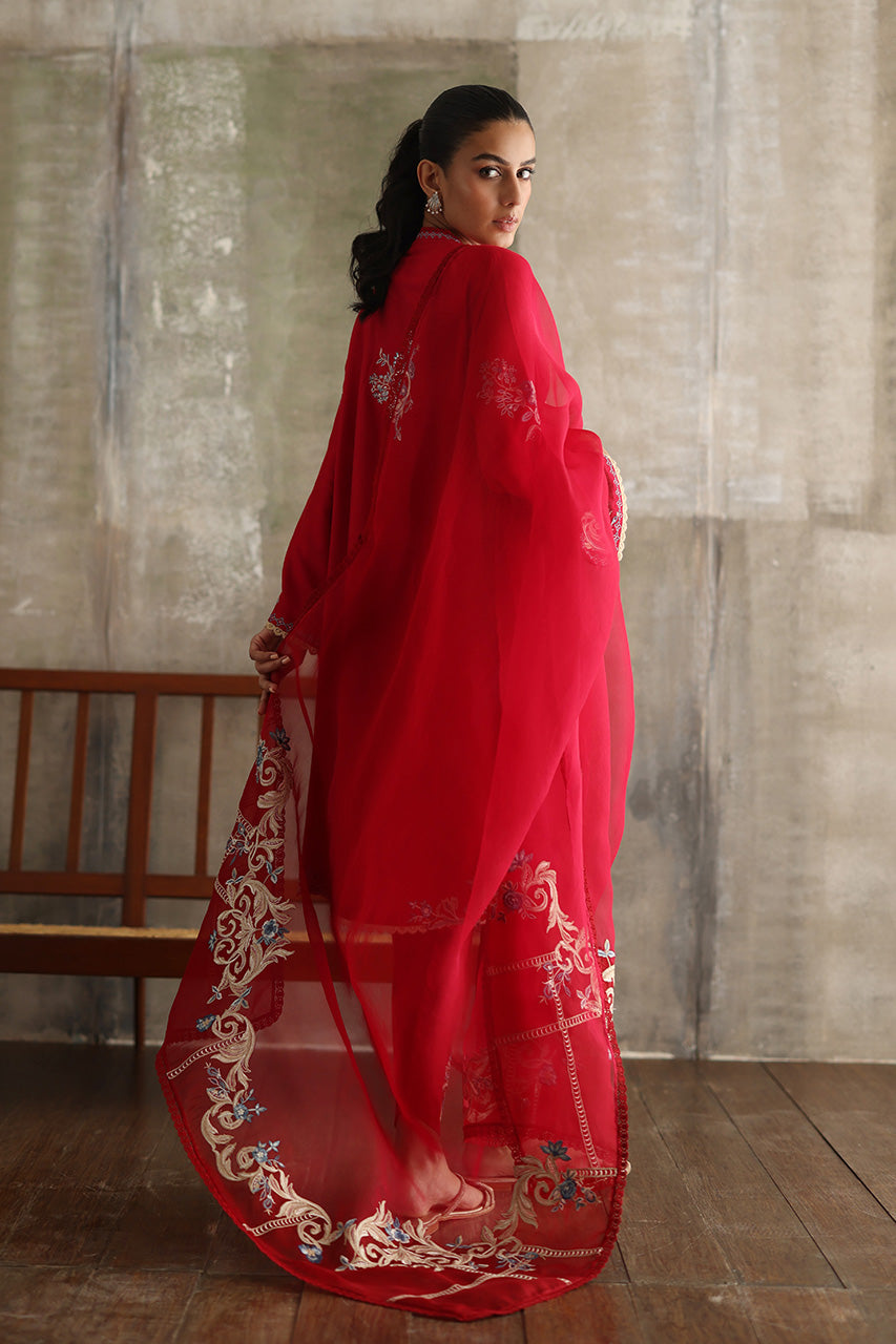 Hot Pink Embroidered Pure Kora Slub Kurta Set (3-Piece) - Image 4