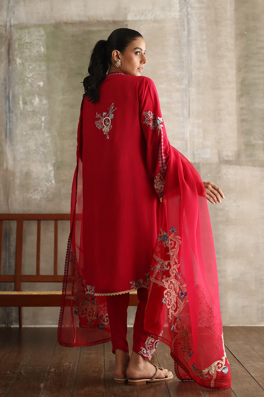Hot Pink Embroidered Pure Kora Slub Kurta Set (3-Piece) - Image 5