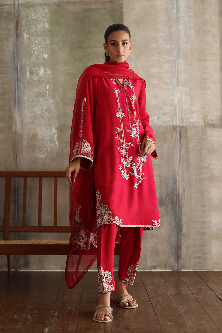 Hot Pink Embroidered Pure Kora Slub Kurta Set (3-Piece) - Image 6