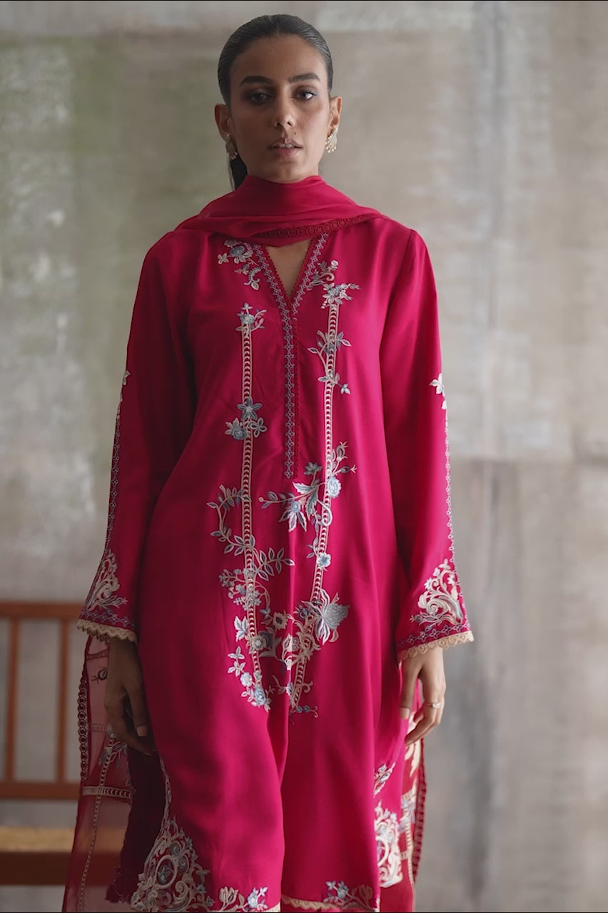 Hot Pink Embroidered Pure Kora Slub Kurta Set (3-Piece) - Image 7