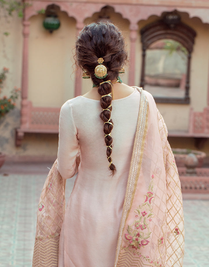 Pakistani Rosy Pink Embroidered Korean Raw Silk Salwar Kameez (3-Piece) - Image 3