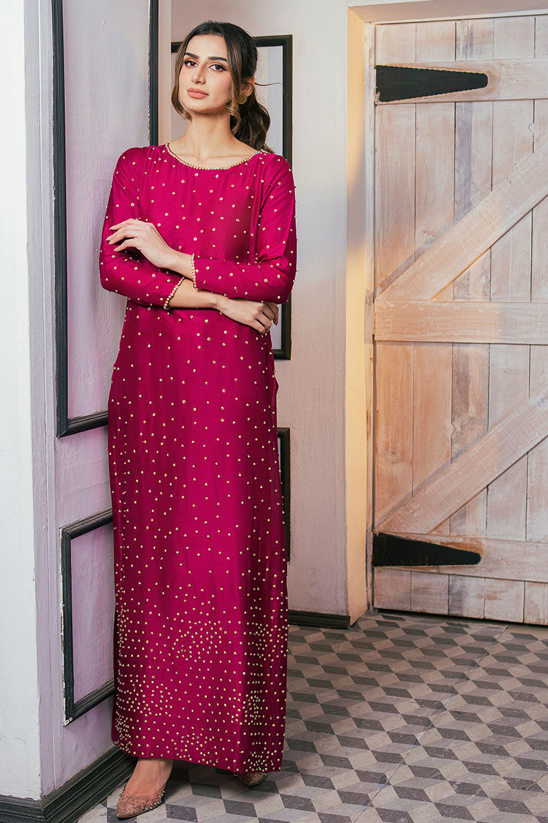 Magenta Swarovski Korean Raw Silk Salwar Kameez (3-Piece) - Image 1