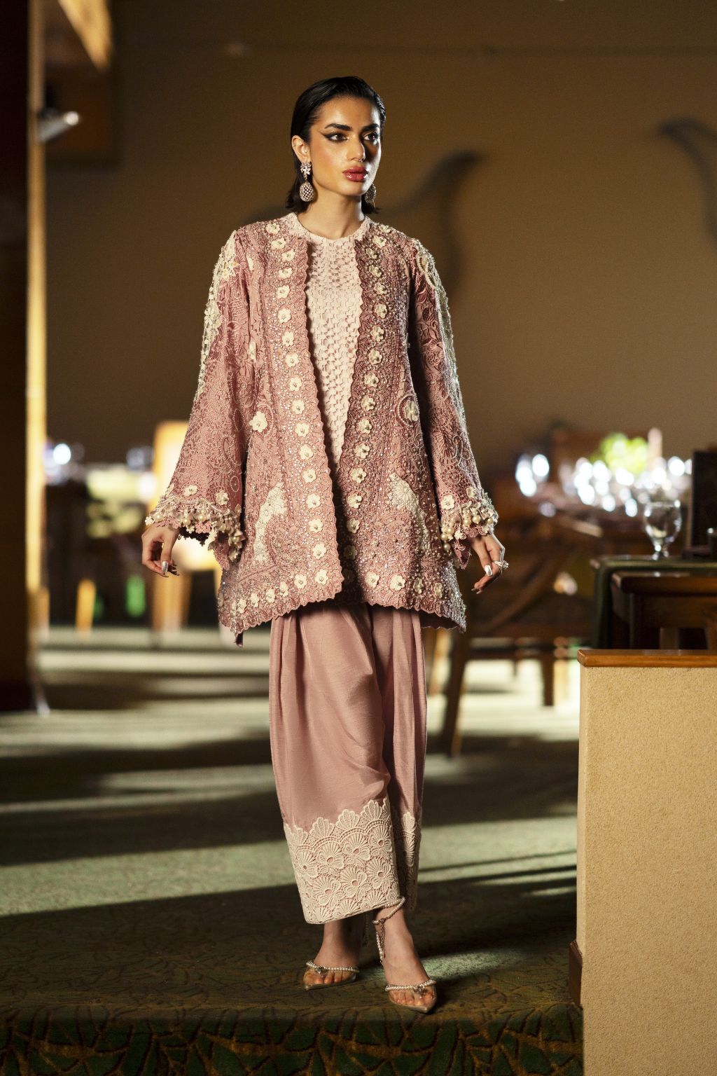 Pakistani Dusty Rose Embroidered Lace & Silk Salwar Kameez (2-Piece) - Image 1