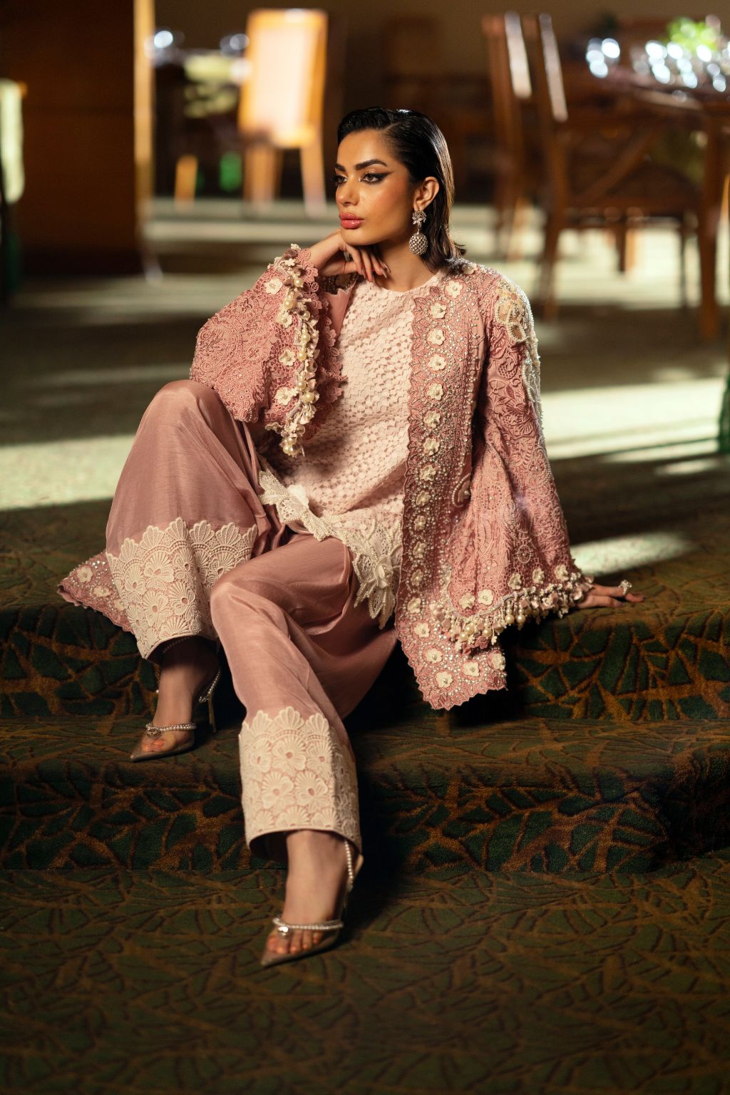 Pakistani Dusty Rose Embroidered Lace & Silk Salwar Kameez (2-Piece) - Image 2