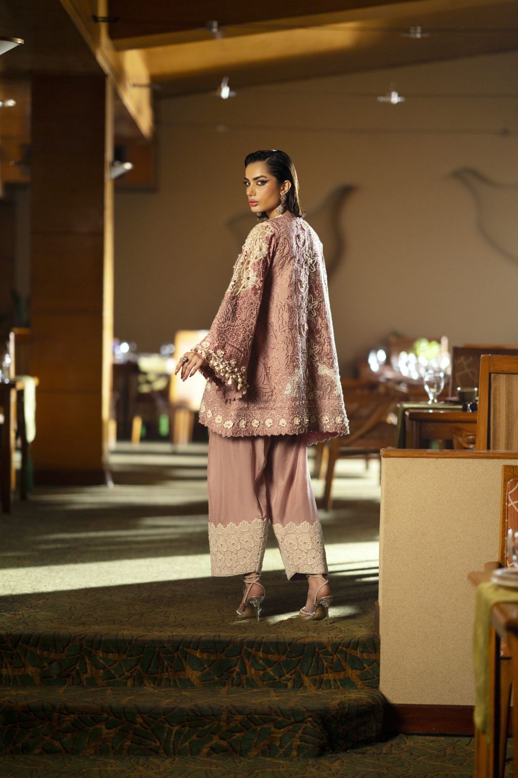 Pakistani Dusty Rose Embroidered Lace & Silk Salwar Kameez (2-Piece) - Image 4