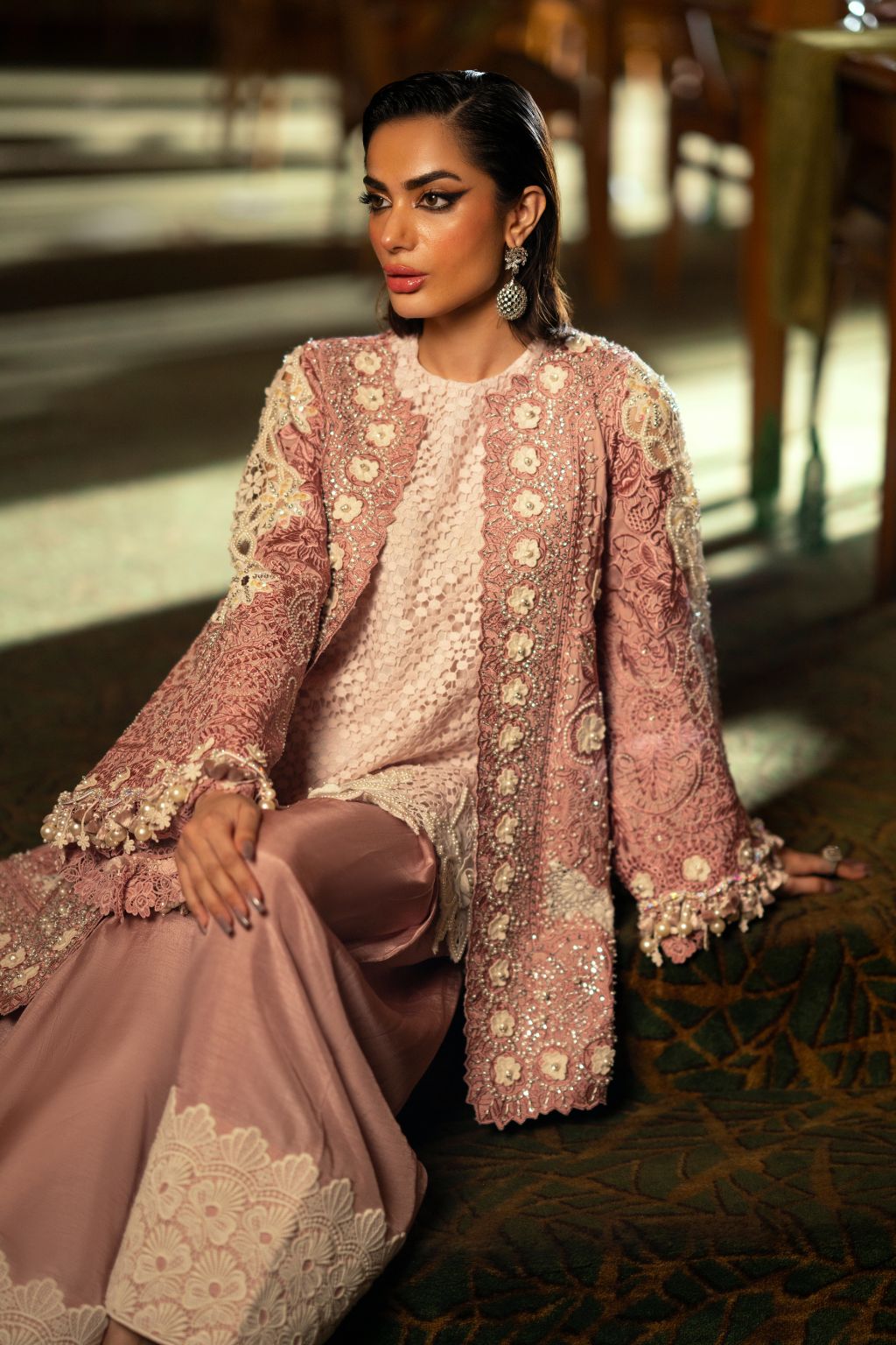 Pakistani Dusty Rose Embroidered Lace & Silk Salwar Kameez (2-Piece) - Image 5