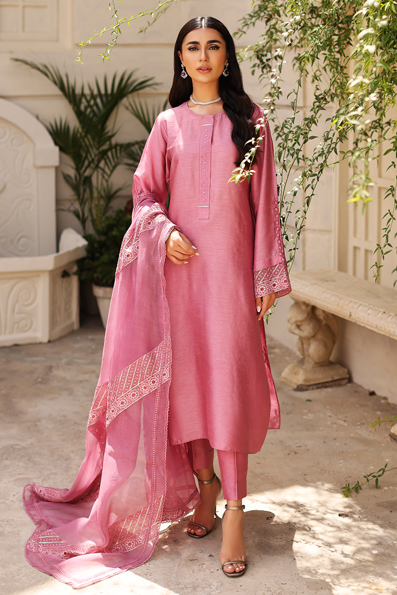 Pakistani Falsa Pink Embroidered Korean Silk Salwar Kameez (3-Piece) - Image 1