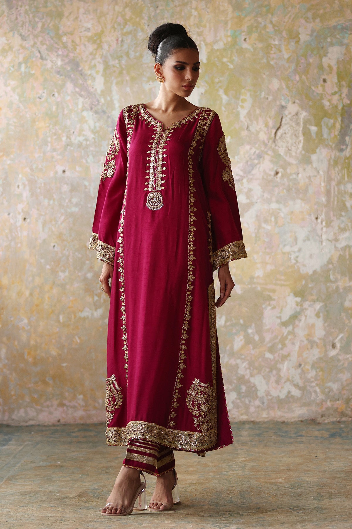Fuchsia Gota Embroidered Korean Silk Kurta (2-Piece) - Image 1