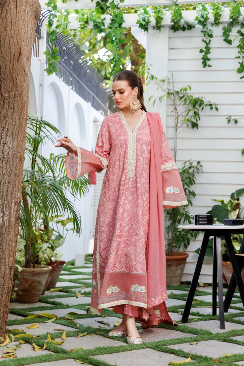 Tea Pink Embroidered Korean Silk Kurta Set (3-Piece) - Image 1