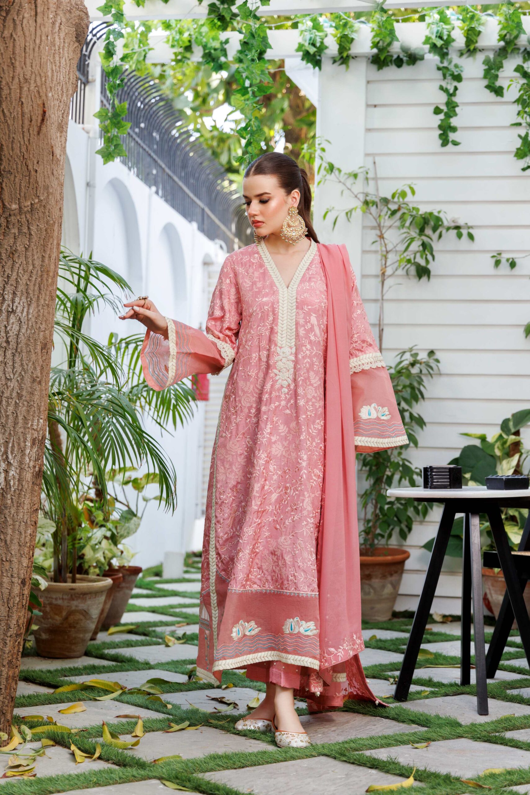Tea Pink Embroidered Korean Silk Kurta Set (3-Piece) - Image 2
