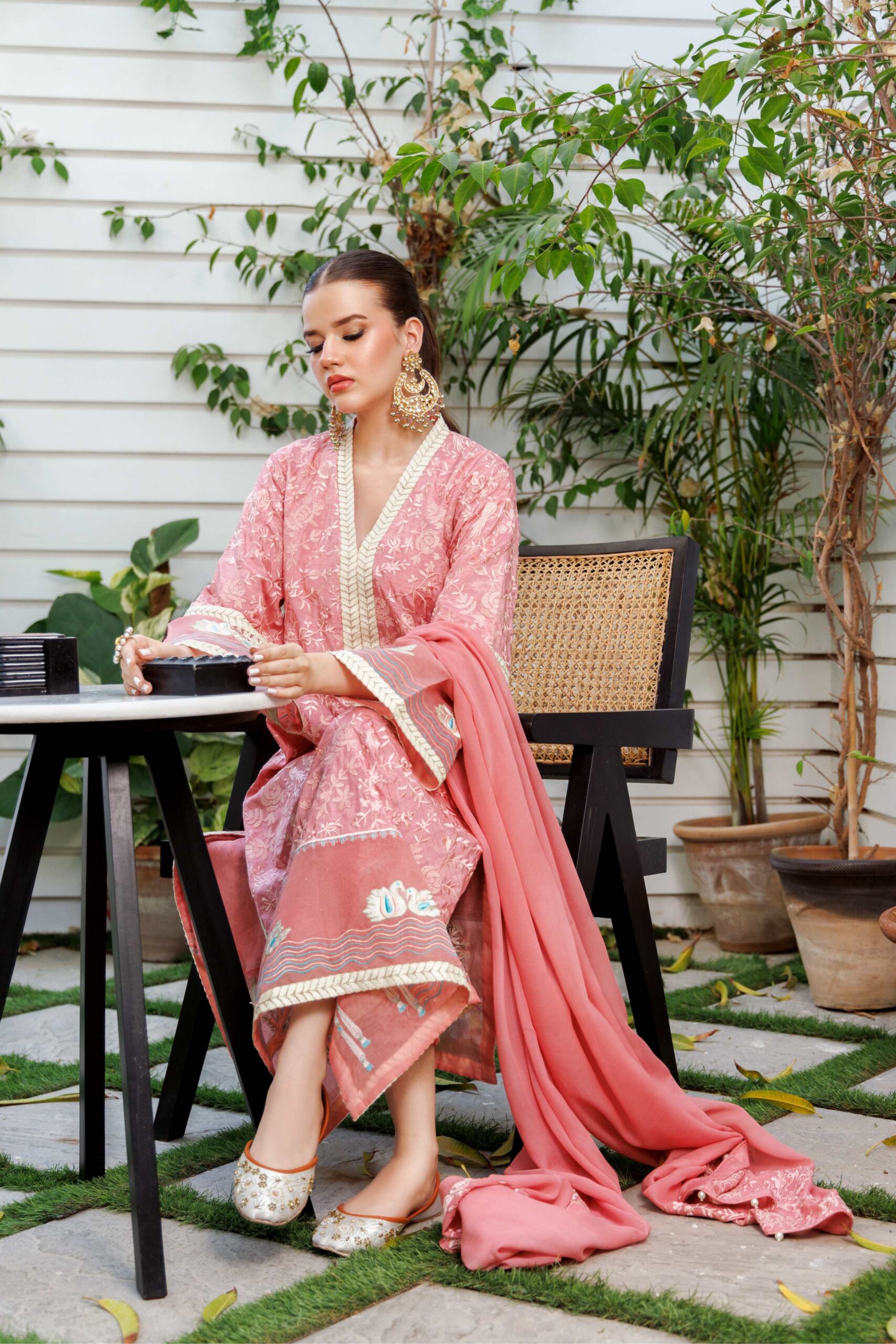 Tea Pink Embroidered Korean Silk Kurta Set (3-Piece) - Image 4