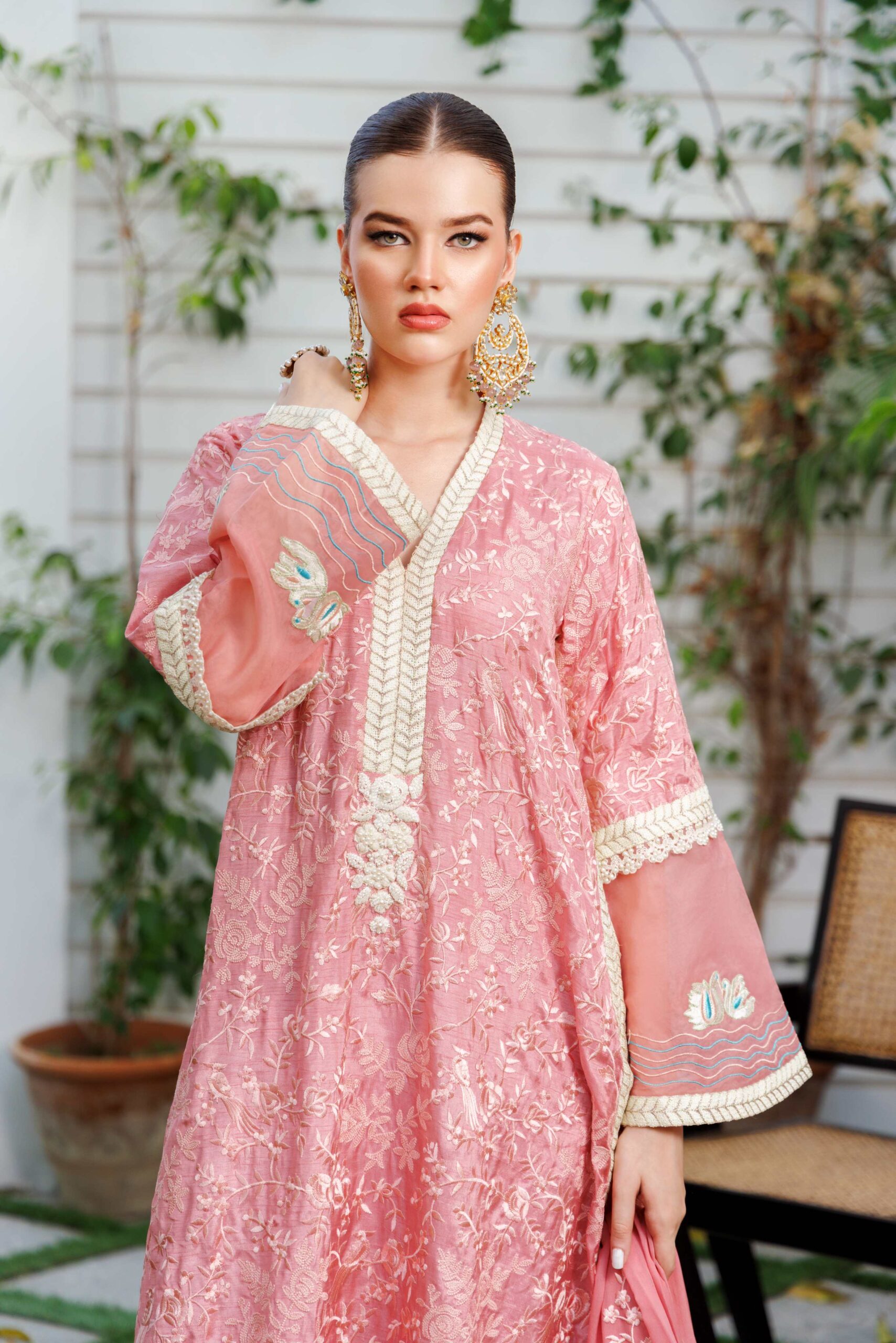 Tea Pink Embroidered Korean Silk Kurta Set (3-Piece) - Image 5
