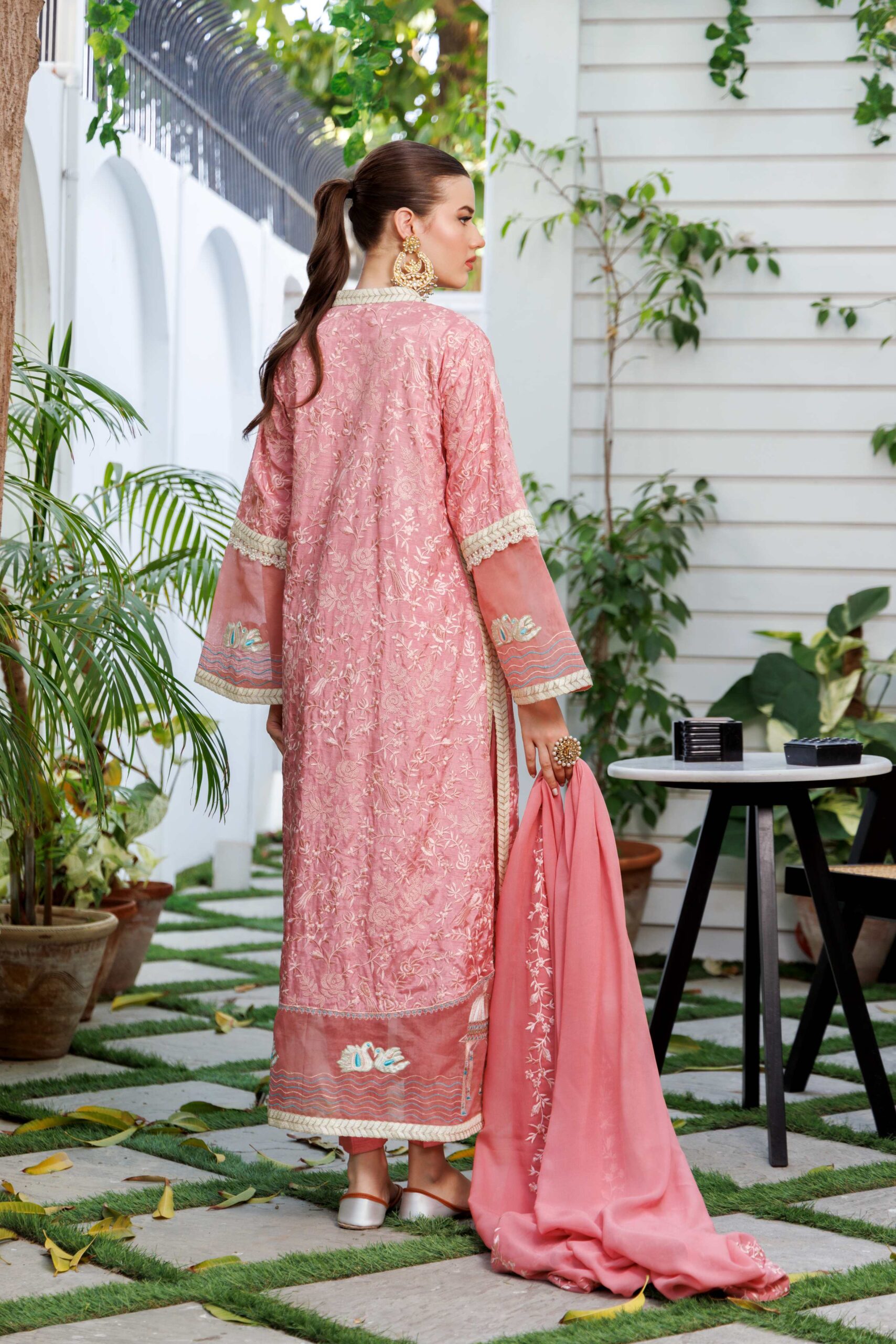 Tea Pink Embroidered Korean Silk Kurta Set (3-Piece) - Image 6