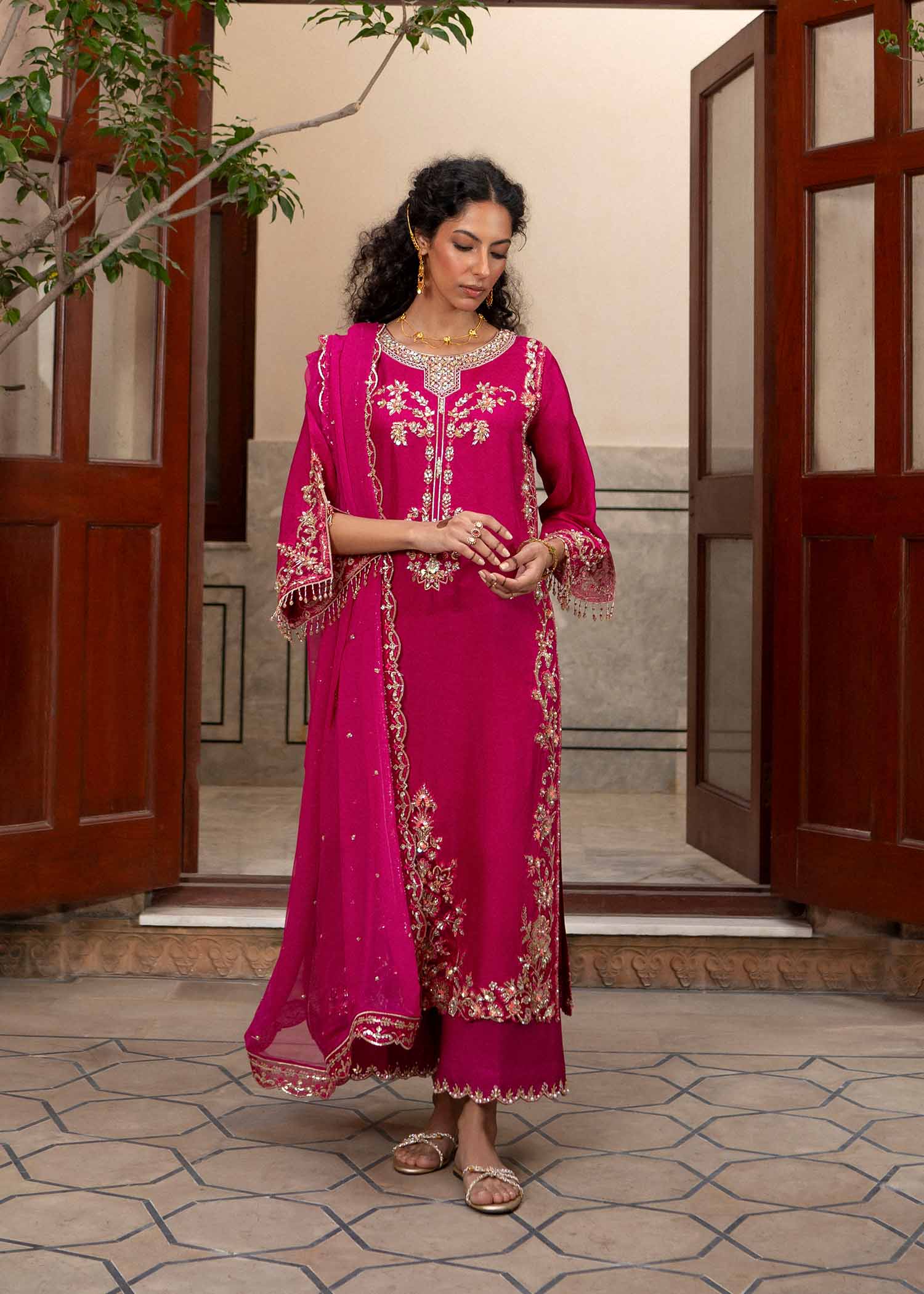 Pakistani Fuchsia Zardozi & Sitara Korean Silk Salwar Kameez (3-Piece) - Image 1