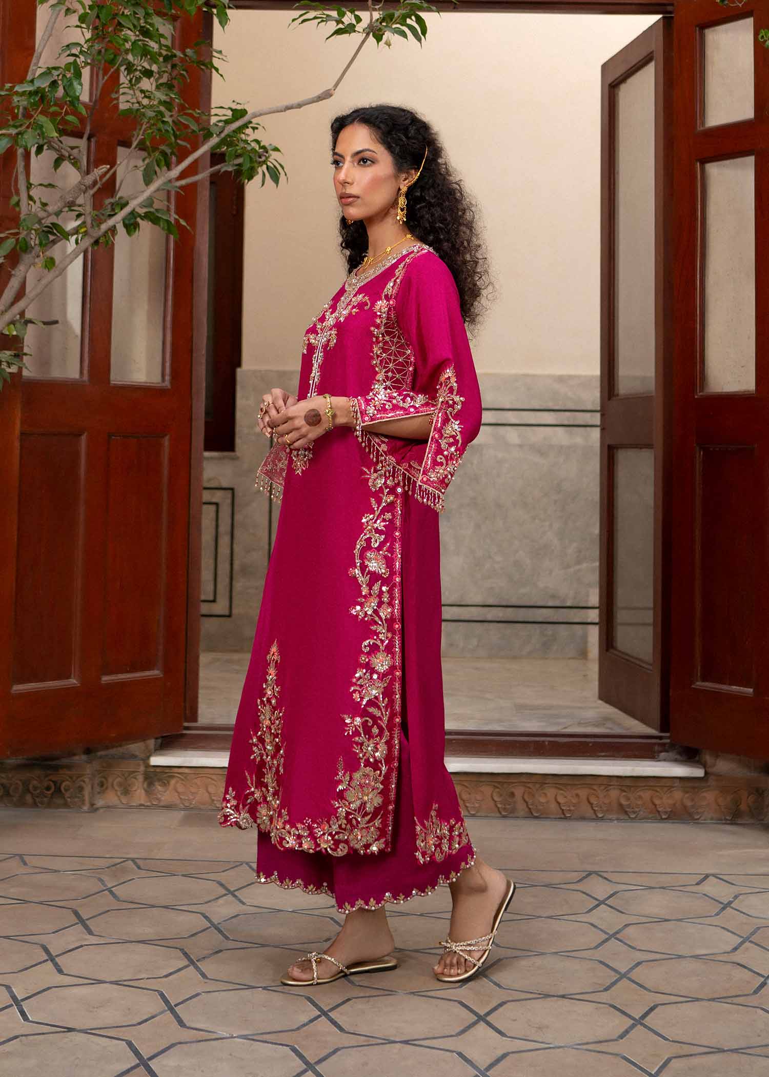 Pakistani Fuchsia Zardozi & Sitara Korean Silk Salwar Kameez (3-Piece) - Image 2