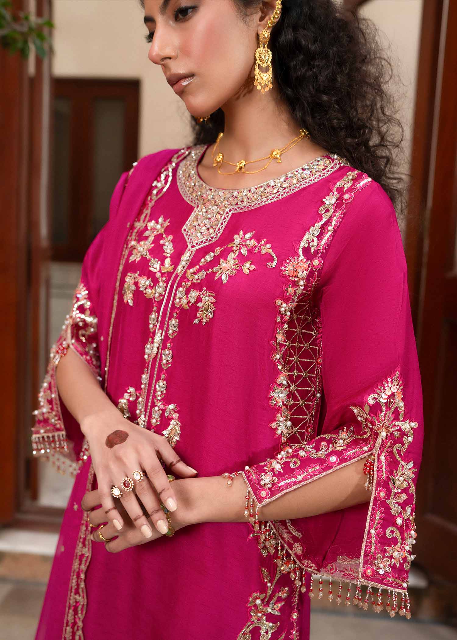 Pakistani Fuchsia Zardozi & Sitara Korean Silk Salwar Kameez (3-Piece) - Image 3