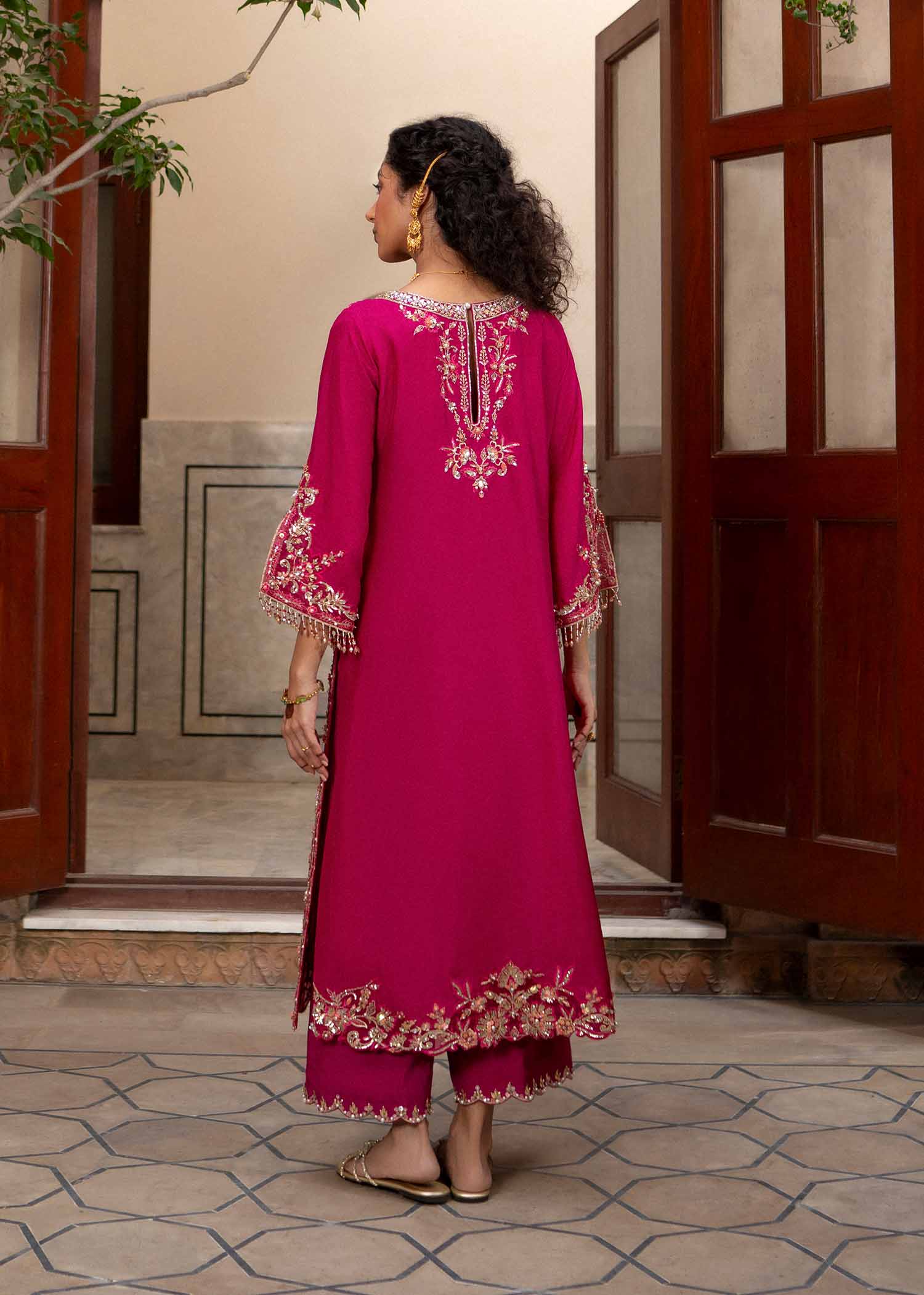 Pakistani Fuchsia Zardozi & Sitara Korean Silk Salwar Kameez (3-Piece) - Image 4