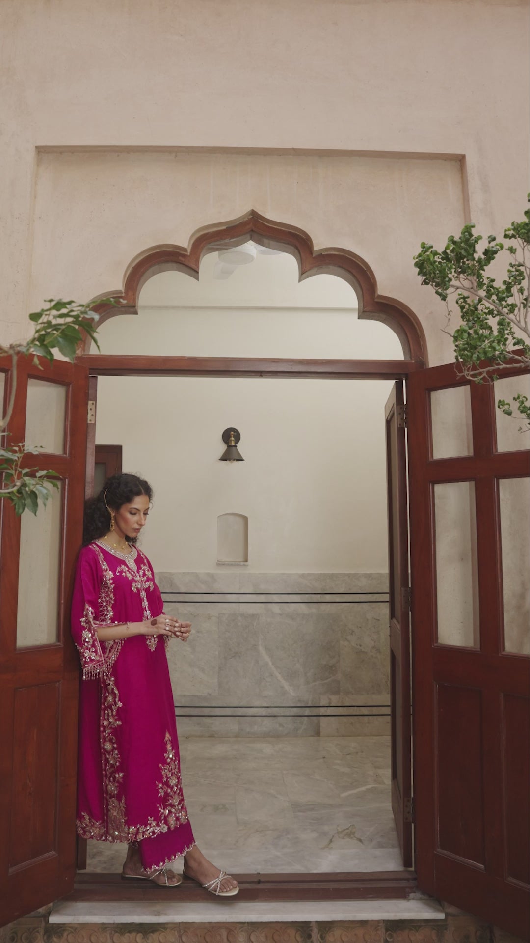 Pakistani Fuchsia Zardozi & Sitara Korean Silk Salwar Kameez (3-Piece) - Image 5